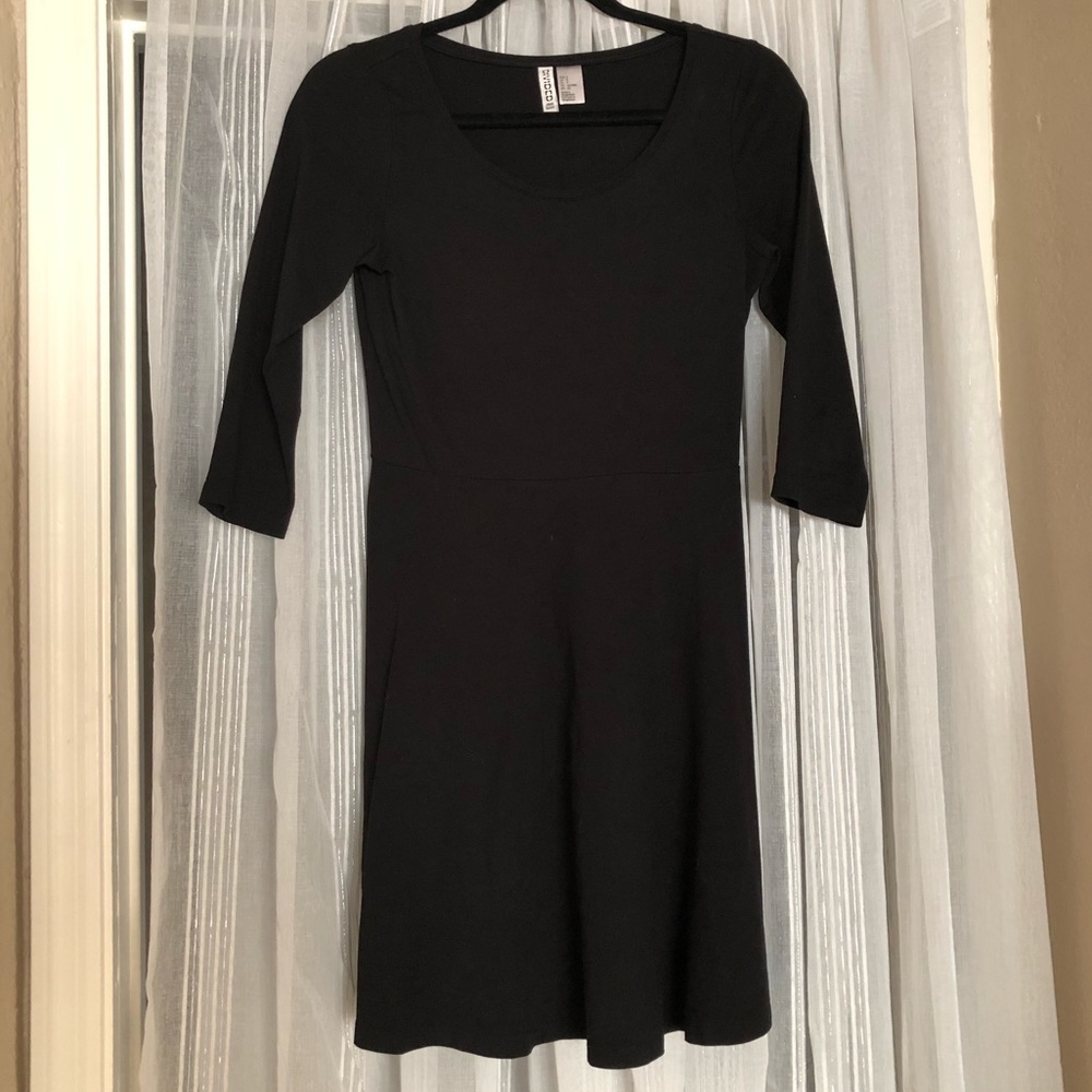 3/4 sleeve Black A-line Dress